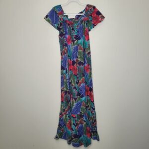 Vintage Hilo Hattie blue red floral Hawaiian Maxi Vacation Cotton Dress Size Xl
